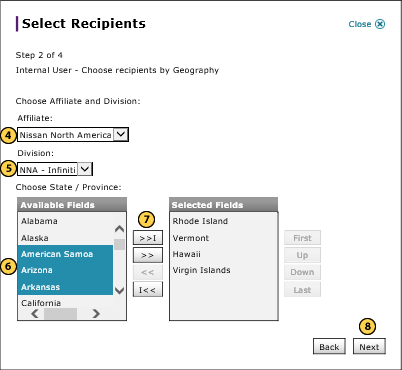 Select internal recipients by geography, step 2 of 3.